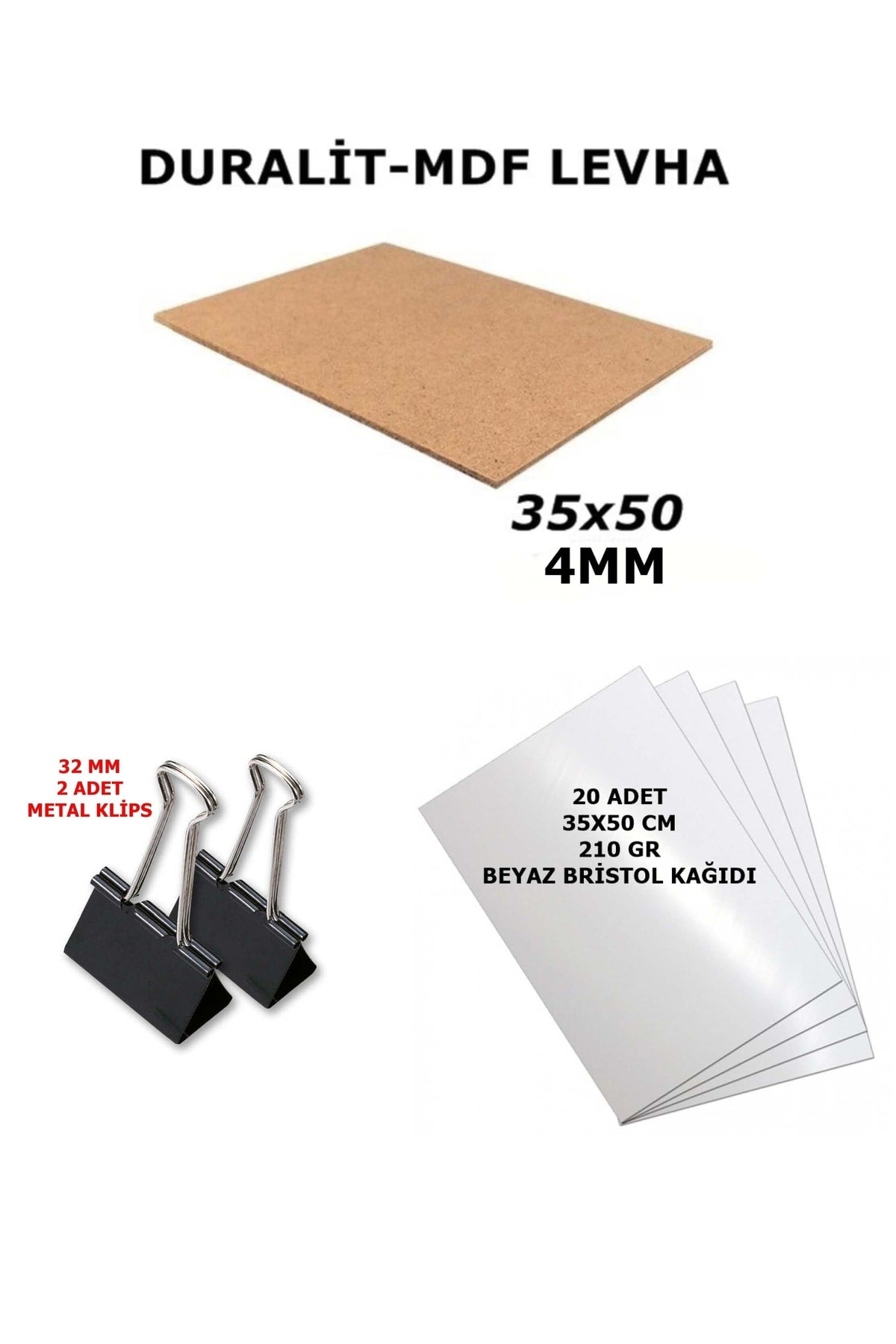 1 Adet 35x50 Cm 4mm Duralit , 2 Adet 32 Mm Klips Ve 20 Adet 35x50 Cm Beyaz Bristol 210 gr