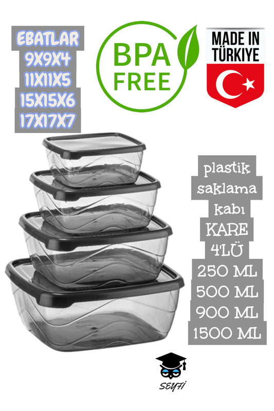 plastik saklama kabı KARE 4'LÜ 250 ML 500 ML 900 ML 1500 ML