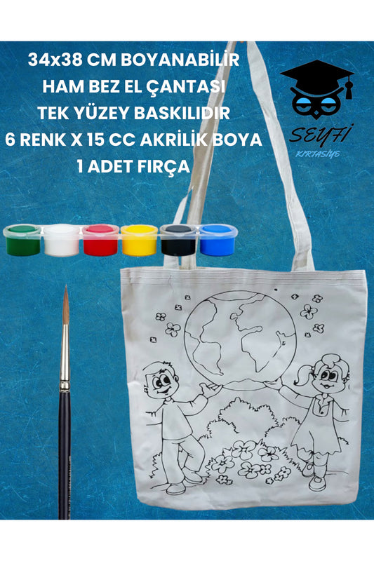 34x38 CM BOYANABİLİR HAM BEZ EL ÇANTASI TEK YÜZEY BASKILIDIR 6 RENK X 15 CC AKRİLİK BOYA 1 FIRÇA