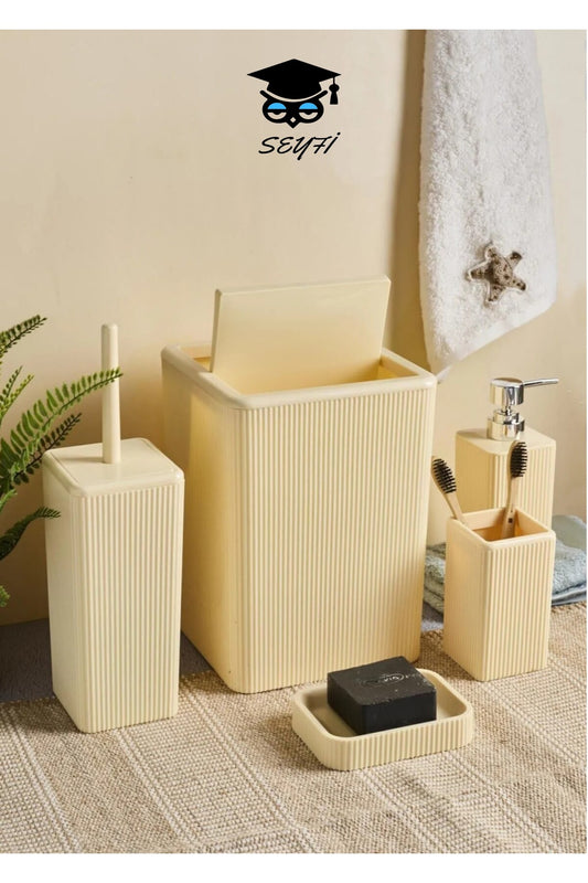 PLASTİK 5'li Kare Banyo Seti Krem renk Palerm0 TÜRK MALI