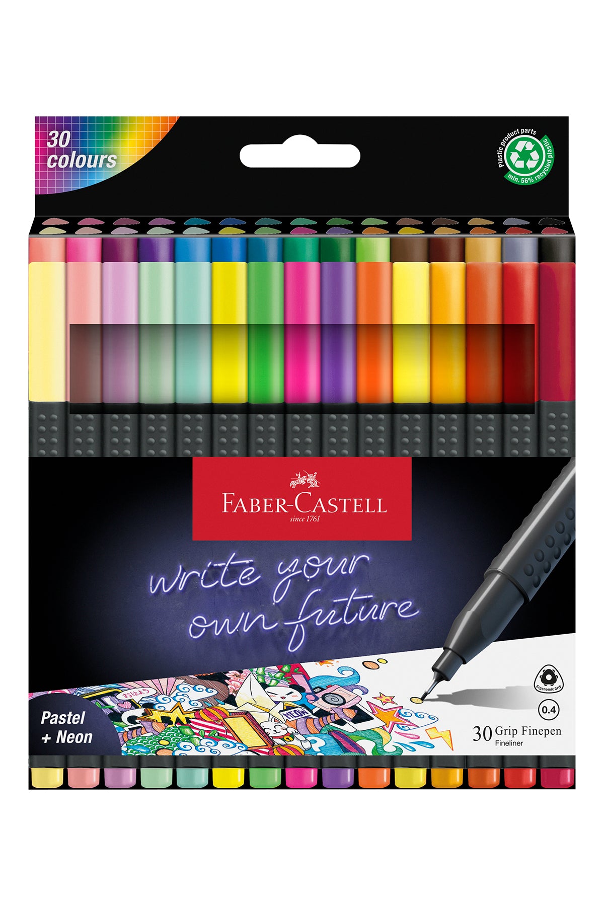 Grip Finepen İnce Keçe Uçlu Kalem Seti, 30lu, Pastel ve Neon Renkler, 0.4 mm Hassas Uç, Üçgen Gövde