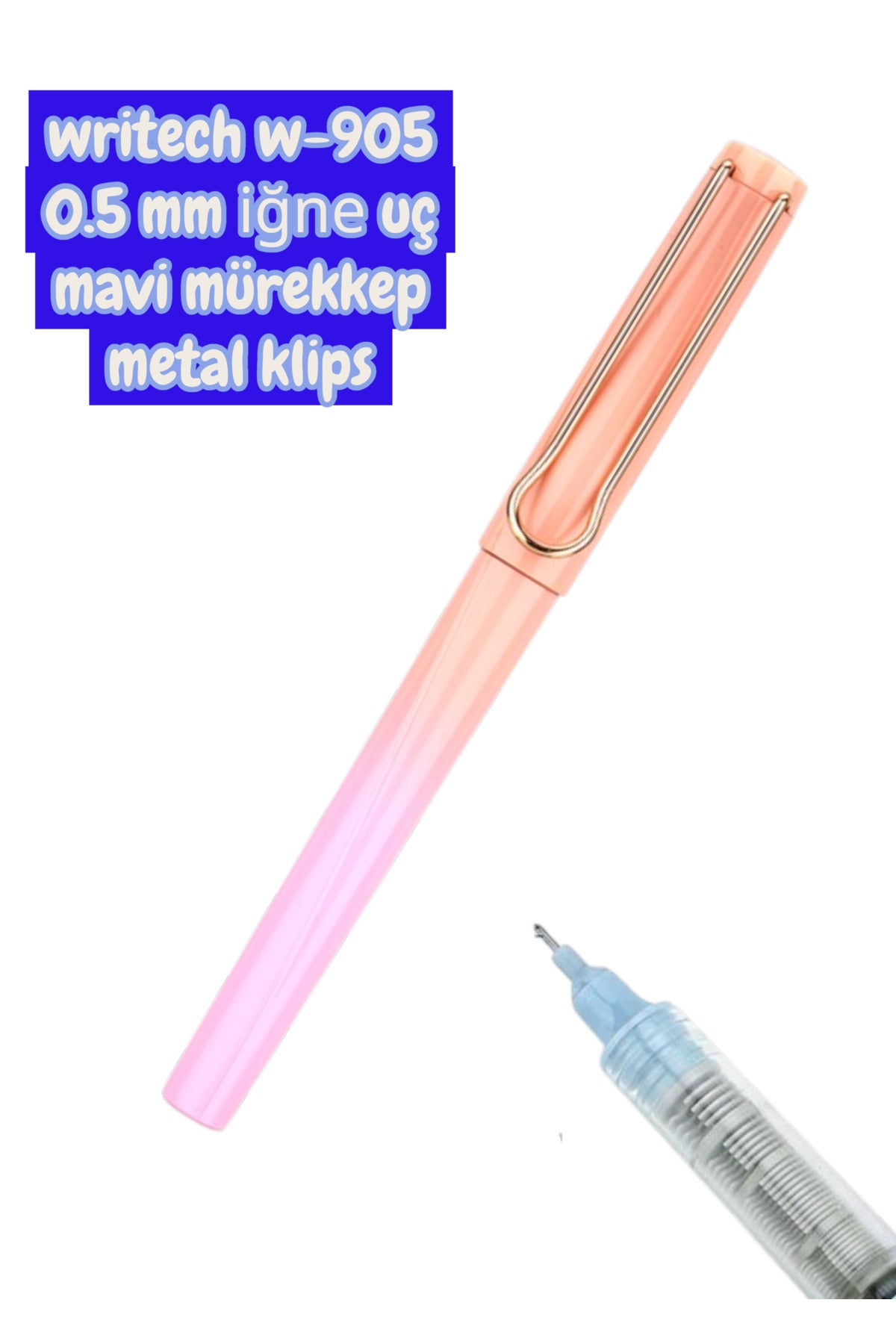 writech W-905 ROLLER kalem 0,5 MM KALEM MAVİ mürekkep metal klips krem pembe