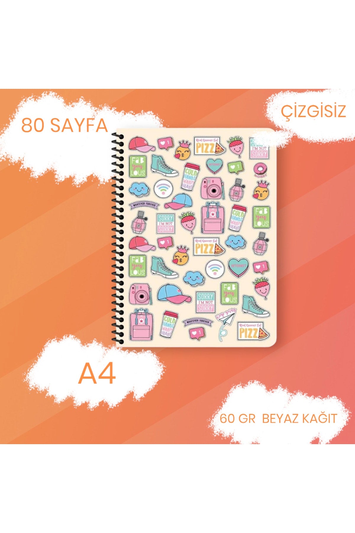 A4 Çizgisiz 80 Sayfa 60 Gr Beyaz Kağıt Plastik Kapak Telli Defter Sweet