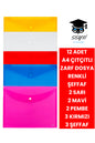 12 adet A4 çıtçıtlı zarf dosya renkli şeffaf 3 şeffaf 3 kırmızı 2 sarı 2 mavi 2 pembe Kalın mikron