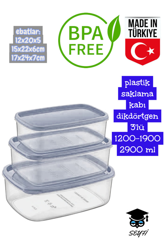 plastik saklama kabı dikdörtgen 3'lü 1200-1900 2900 ml
