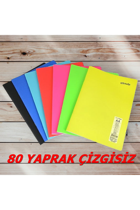 ÇİZGİSİZ 4 ADET A4 80 YAPRAK DİKİŞLİ NEON RENKLER PLASTİK KAPAK DEFTER 60GR BEYAZ SAYFA (KARMA RENK)