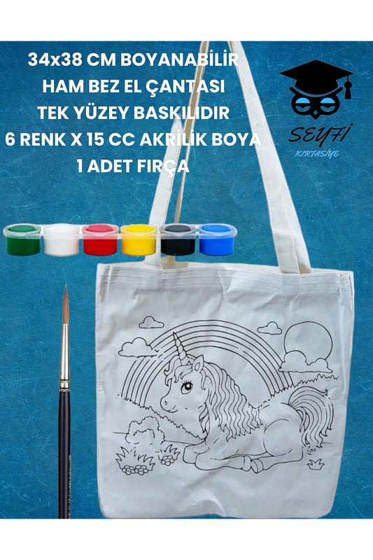 34x38 CM BOYANABİLİR HAM BEZ EL ÇANTASI TEK YÜZEY BASKILIDIR 6 RENK X 15 CC AKRİLİK BOYA 1 FIRÇA