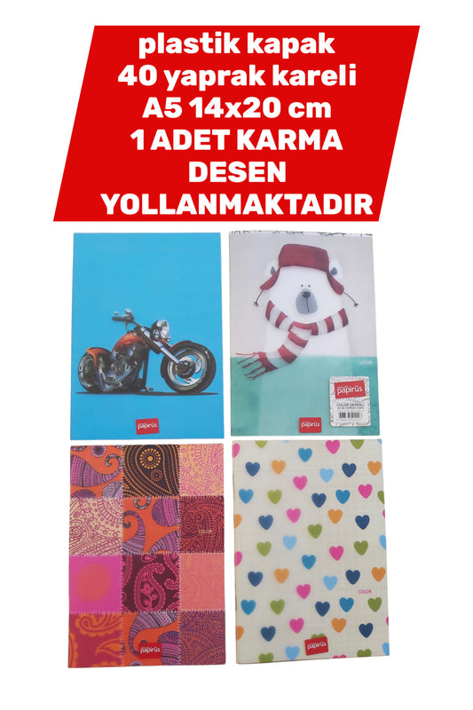 plastik kapak 14X20 CM A5 ebat 40 yaprak kareli defter 1 adet karma desen yollanmaktadır