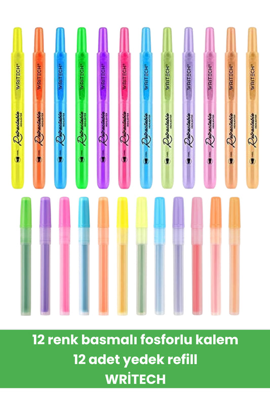 12 renk basmalı fosforlu kalem 12 adet yedek refill WRİTECH