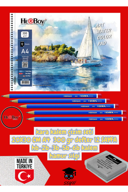 kara kalem çizim seti 20X30 CM A4 300 gr defter 12 SAYFA hb-2b-3b-5b-6b kalem hamur silgi herboy