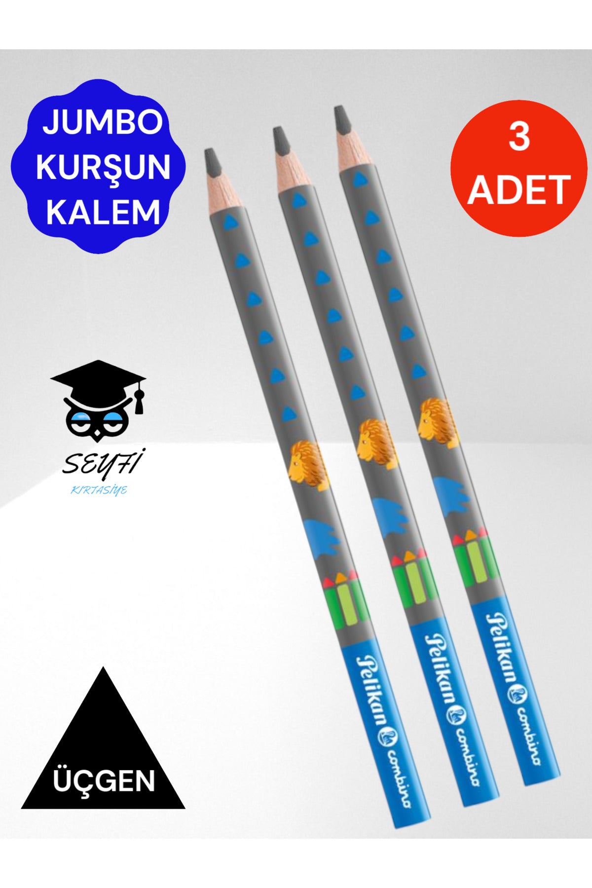 Pelikan Jumbo Üçgen Kurşun Kalem 3 Adet Combino Hayvan Desenli Başlangıç Kalemi B Derece