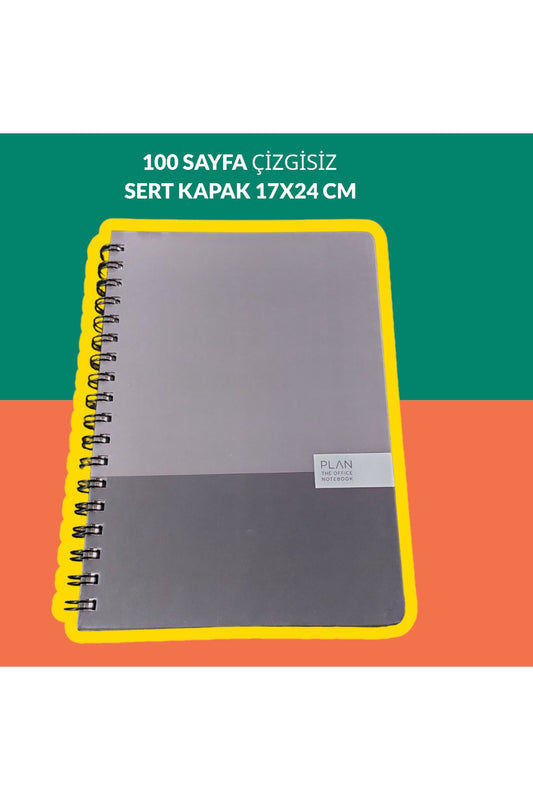 17x24 Cm Çizgisiz 100 Yaprak Plan Sert Kapak Telli Defter 60 Gr Beyaz Sayfa