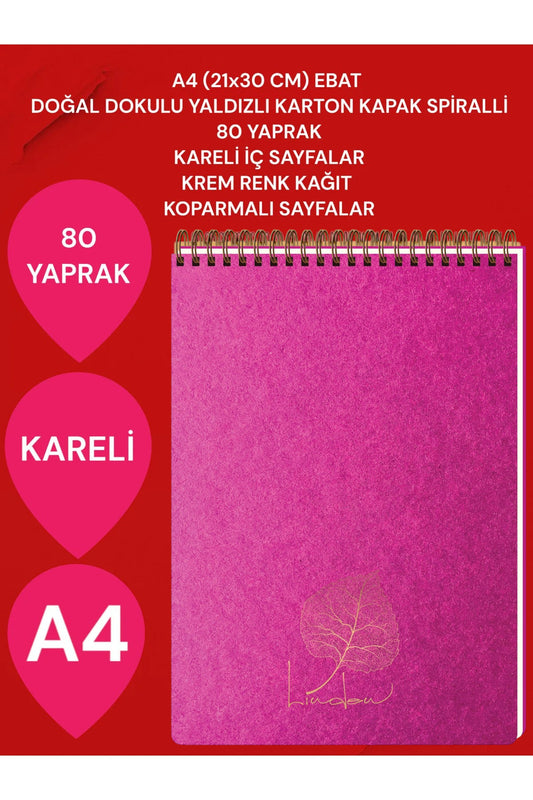 KARELİ A4 (21x30 CM) 80 YAPRAK KARTON KAPAK SPİRALLİ KREM RENK SAYFALAR ÜSTTEN AÇILIR LİNDEN