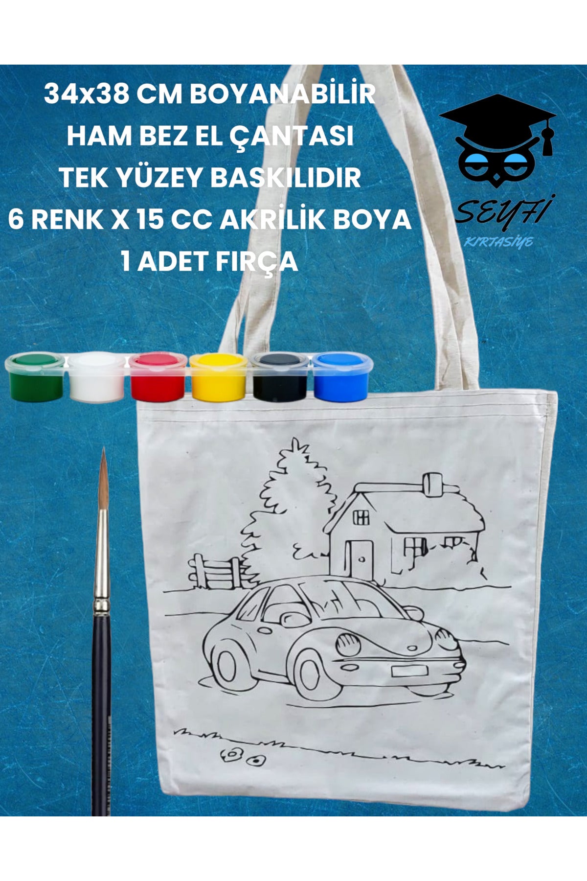 34x38 CM BOYANABİLİR HAM BEZ EL ÇANTASI TEK YÜZEY BASKILIDIR 6 RENK X 15 CC AKRİLİK BOYA 1 FIRÇA