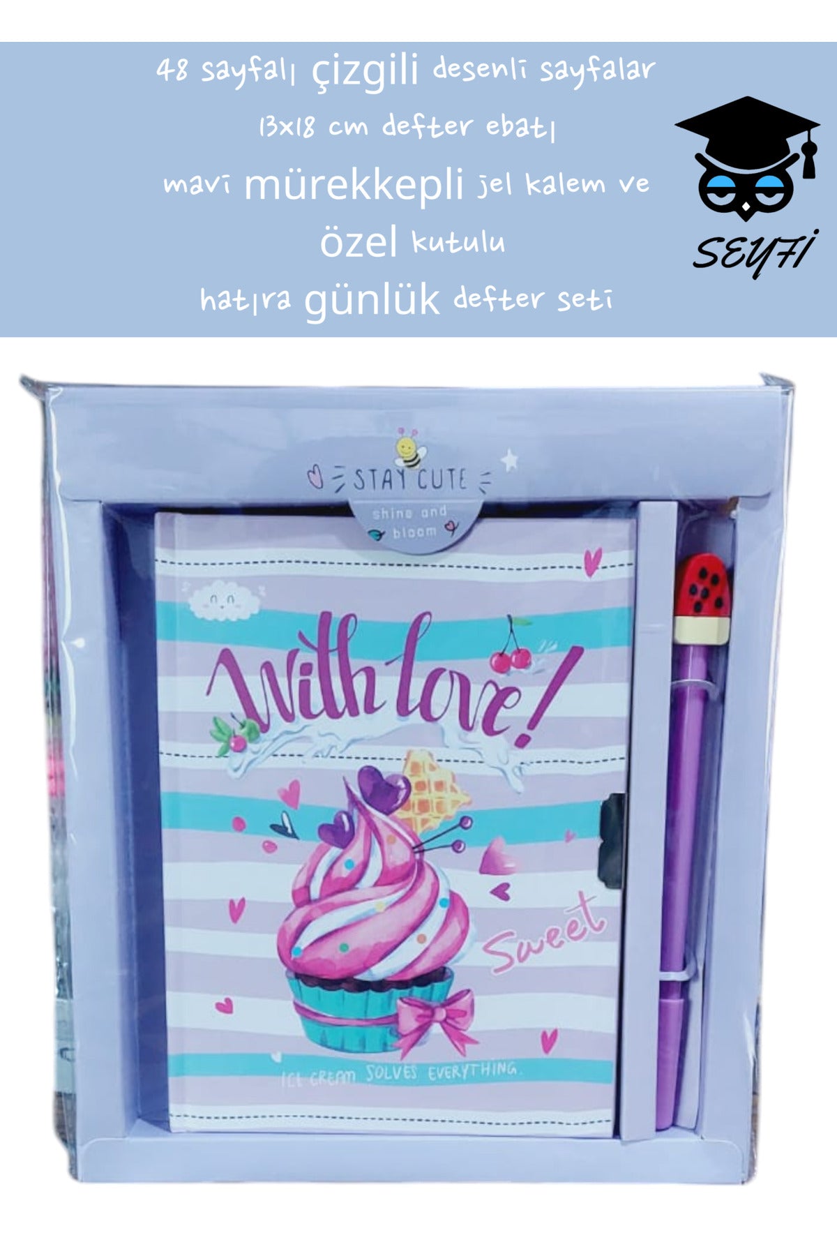 48 sayfalı çizgili desenli sayfalar 13x18 cm defter ebatı mavi mürekkepli jel kalem özel kutulu