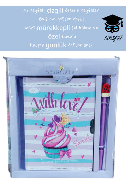 48 sayfalı çizgili desenli sayfalar 13x18 cm defter ebatı mavi mürekkepli jel kalem özel kutulu