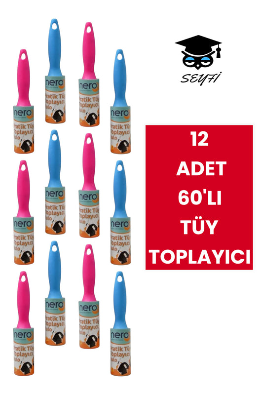 12 ADET 60'LI TÜY TOPLAYICI 60 Yaprak Kıl Tüy Toplayıcı Rulo Evcil Hayvan Kedi Köpek Tüyü Toplama