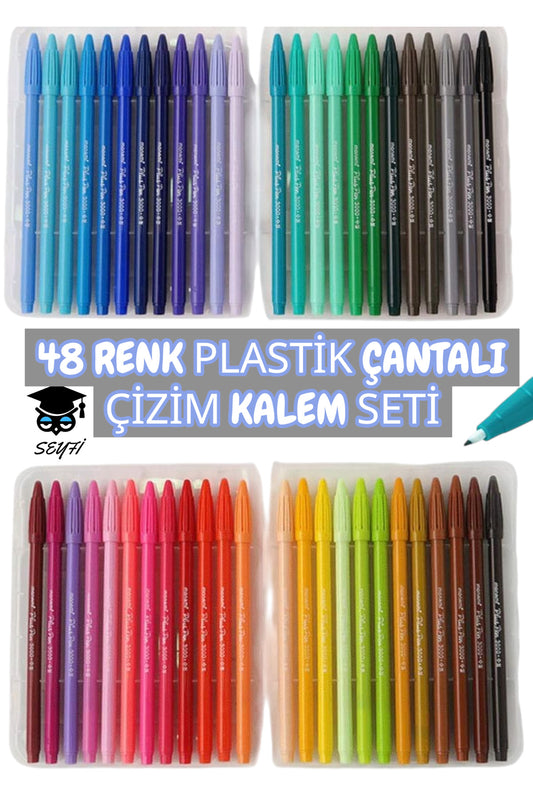 48 RENK PLASTİK ÇANTALI ÇİZİM KALEM SETİ 0.4 MM KEÇE UÇ
