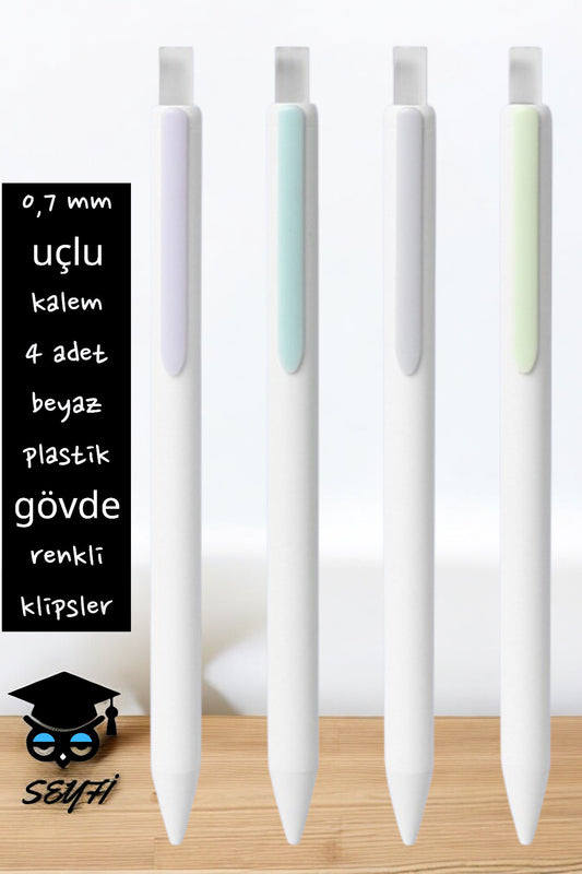 0,7 mm uçlu kalem 4 adet beyaz plastik gövde renkli klipsler