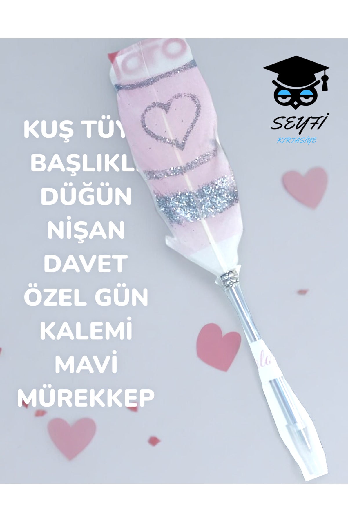 KUŞ TÜYÜ BAŞLIKLI DÜĞÜN NİŞAN DAVET ÖZEL GÜN KALEMİ MAVİ MÜREKKEP
