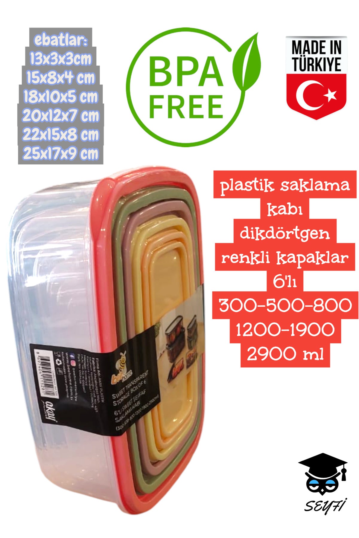 plastik saklama kabı dikdörtgen renkli kapaklar 6'lı 300-500-800-1200-1900-2900 ml