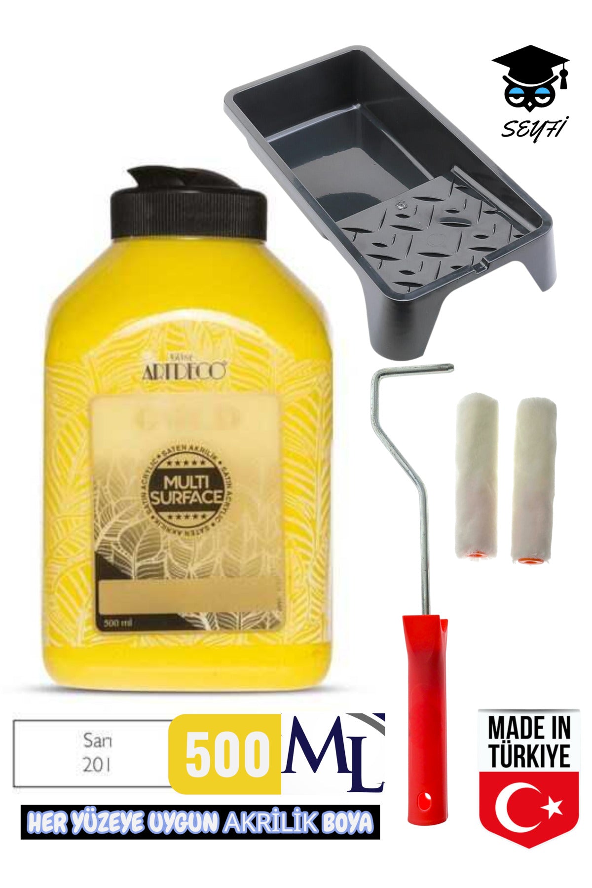 500 ml Multi Surface Akrilik boya seti her yüzeye uygun boya tavası ve rulo seti artdeco