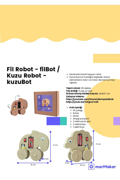 TÜRK MALI Fil Robot DC Motorlu Ahşap Oyuncak STEM-A Eğitim Seti Çocuklar için Boyanabilir Maket