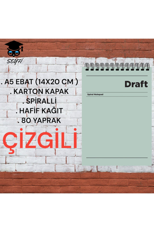 A5 14x20 Cm Çizgili 80 Yaprak Üstten Açılır Karton Kapak Telli Hafif Kağıt 1.hamur Perfore Draft Ser
