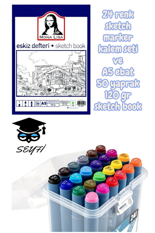 24 renk sketch marker kalem seti ve A4 ebat 50 yaprak 120 gr sketch book