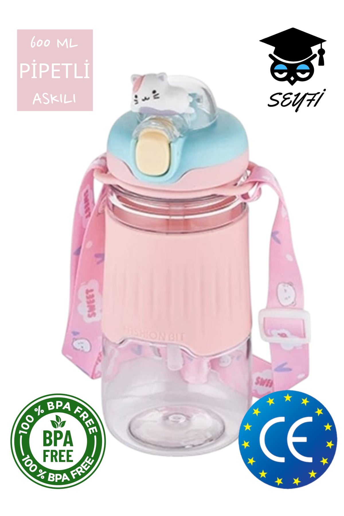 Pipetli 600 ml Boyun Askılı Kaydırmaz Gövde Hayvan Figürlü Su Matarası Vagonlife 2023