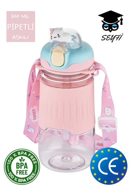 Pipetli 600 ml Boyun Askılı Kaydırmaz Gövde Hayvan Figürlü Su Matarası Vagonlife 2023