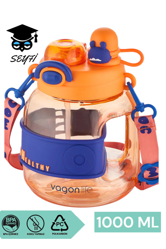 1000 ML Tek Kapak Çift Kullanım Pipetli /Rahat İçim Boyun Askılı Çocuk Su Matarası suluk vagonlife