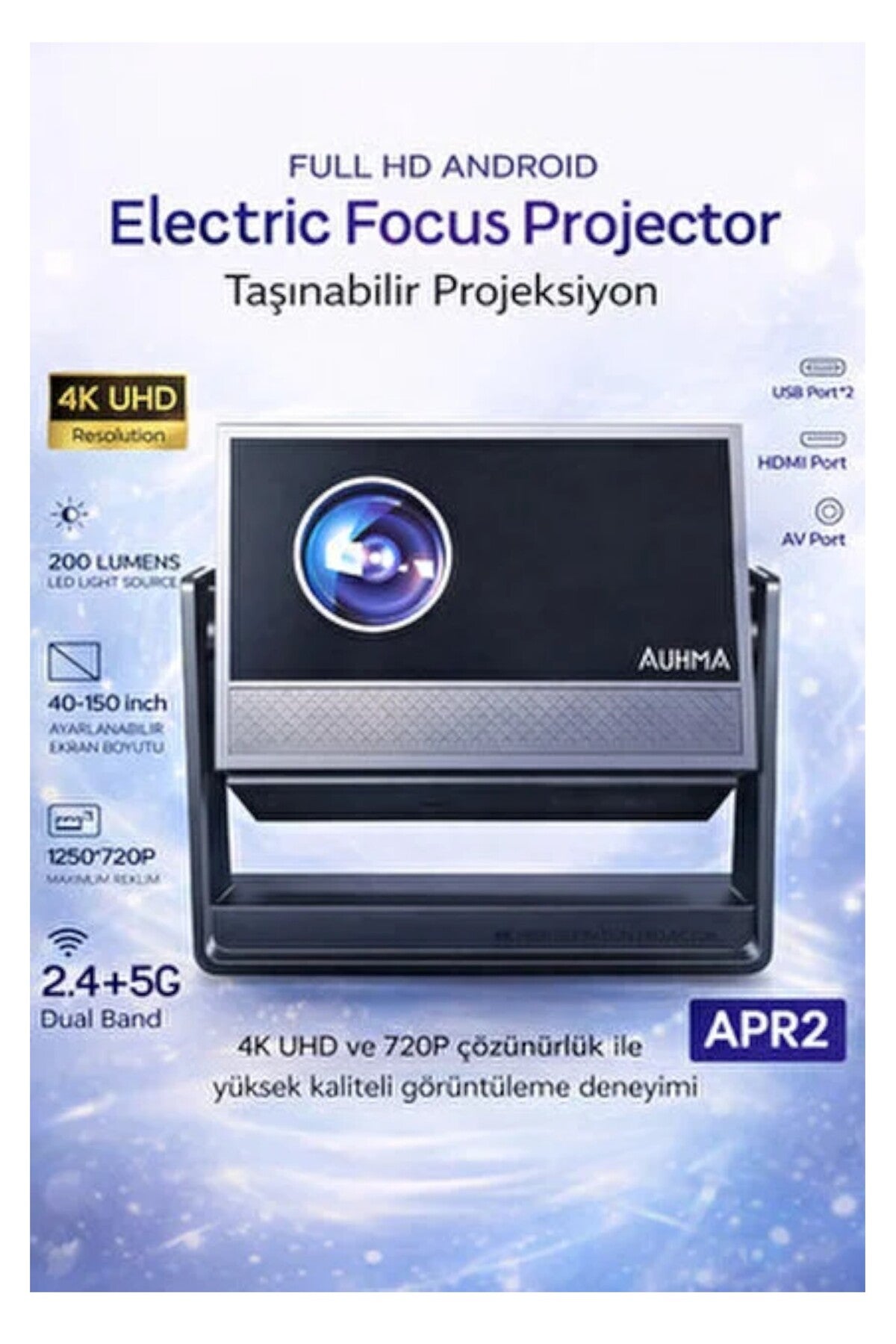 Projektör Taşınabilir Android 4K UHD Görüntü Kaliteli 5G Destekli APR2