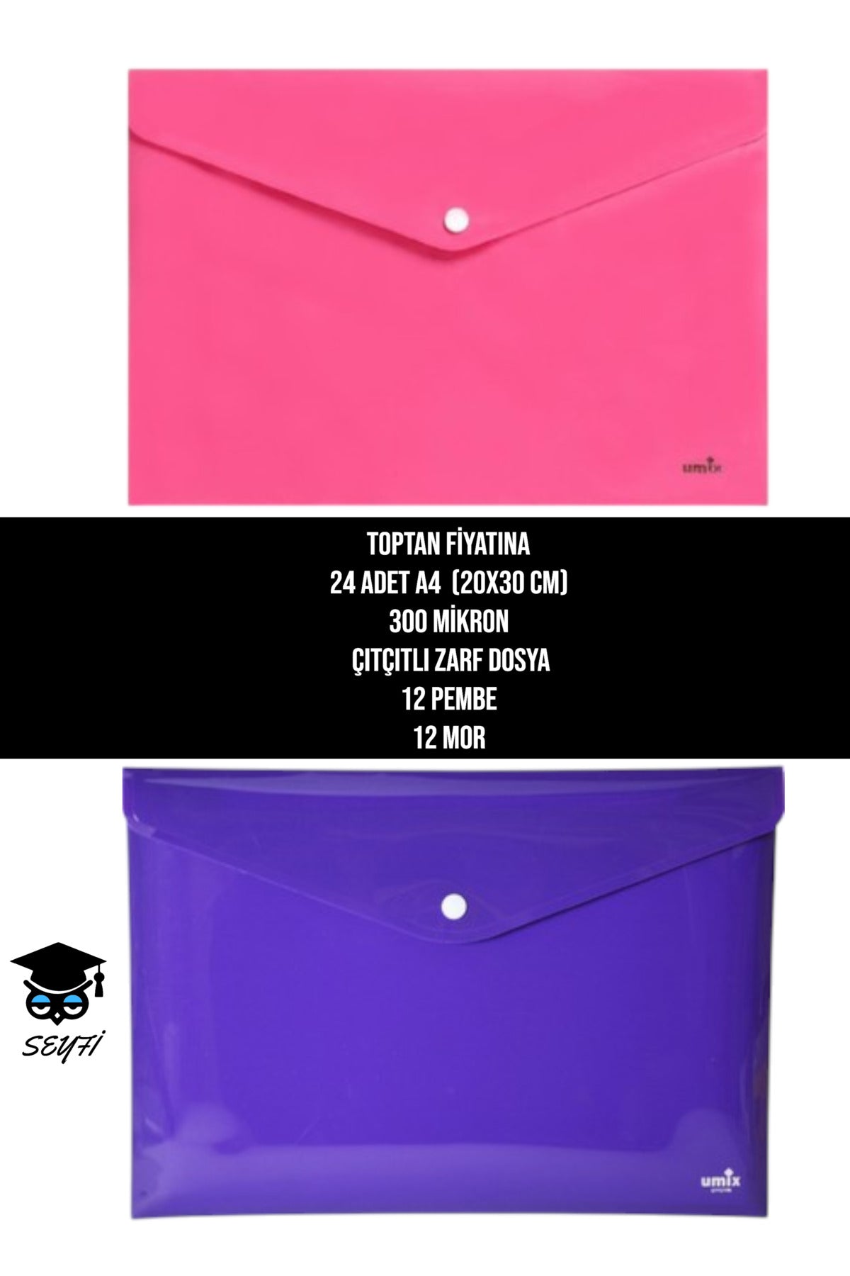 TOPTAN FİYATINA 24 ADET A4 (20X30 CM) 300 MİKRON ÇITÇITLI ZARF DOSYA 12 PEMBE 12 MOR