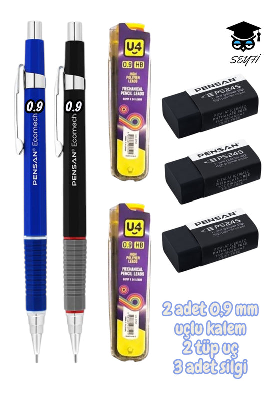 2 adet 0,9 mm uçlu kalem 2 tüp uç 3 adet silgi