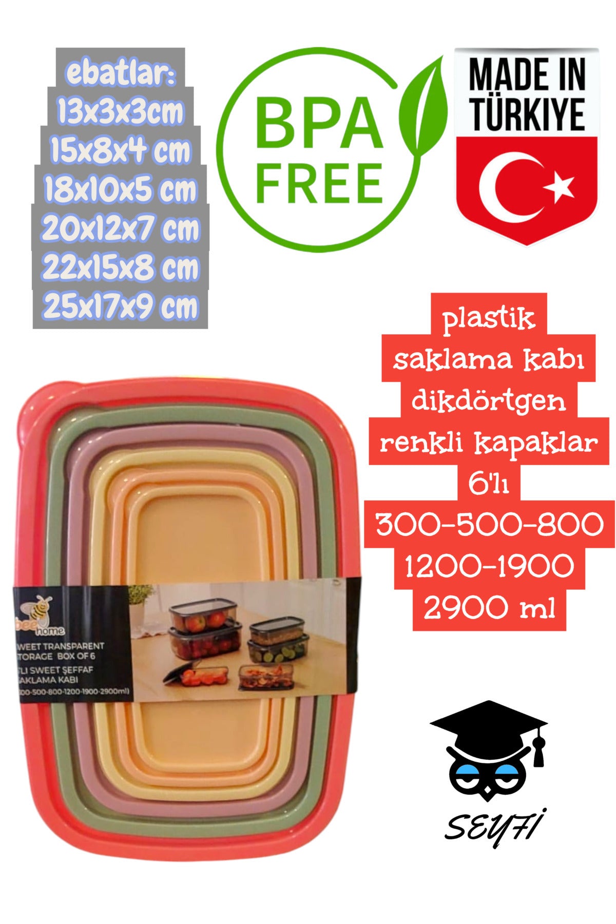 plastik saklama kabı dikdörtgen renkli kapaklar 6'lı 300-500-800-1200-1900-2900 ml