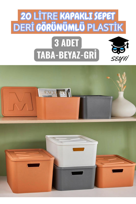 20 LİTRE KAPAKLI SEPET DERİ GÖRÜNÜMLÜ PLASTİK 3 ADET TABA-BEYAZ-GRİ