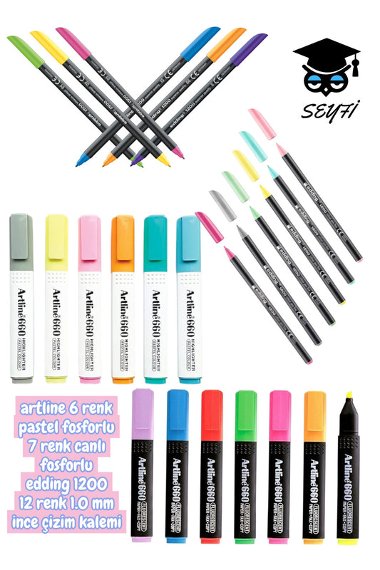 6 renk pastel fosforlu 7 renk canlı fosforlu edding 1200 12 renk 1.0 mm ince çizim kalemi