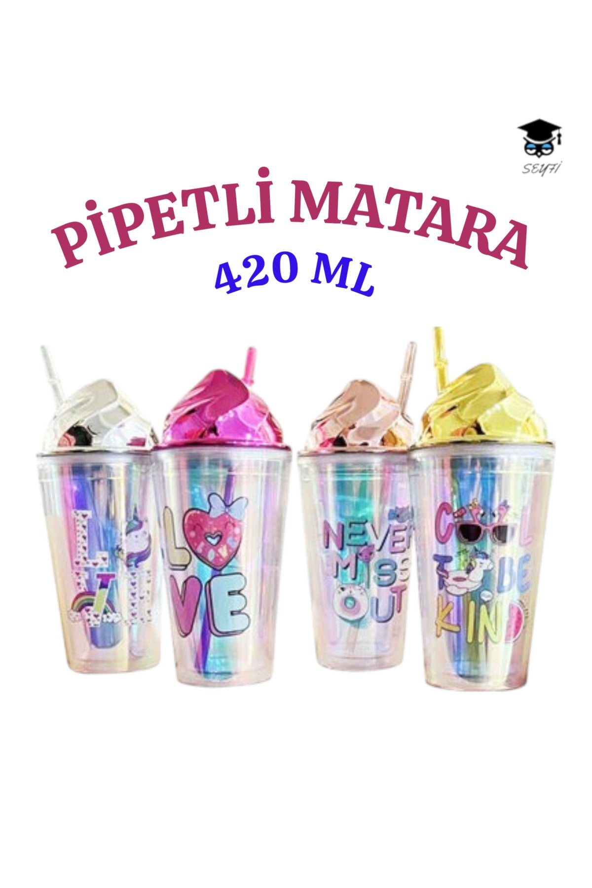 1 adet Desenli plastik pipetli bardak 420ml karma renk yollanmaktadır