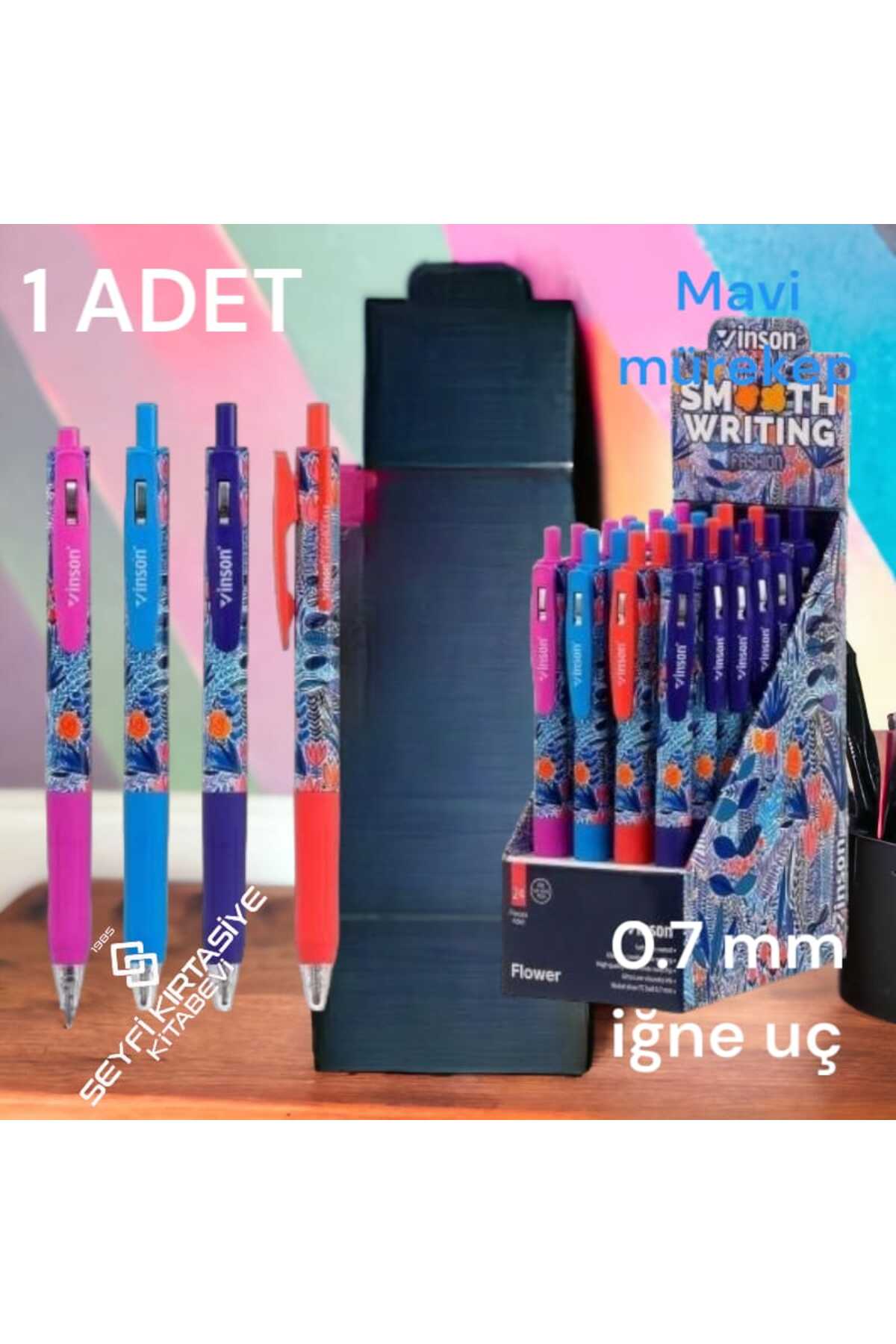 DESENLİ BASMALI MAVİ RENK JEL MÜREKKEPLİ TÜKENMEZ KALEM 1 ADET
