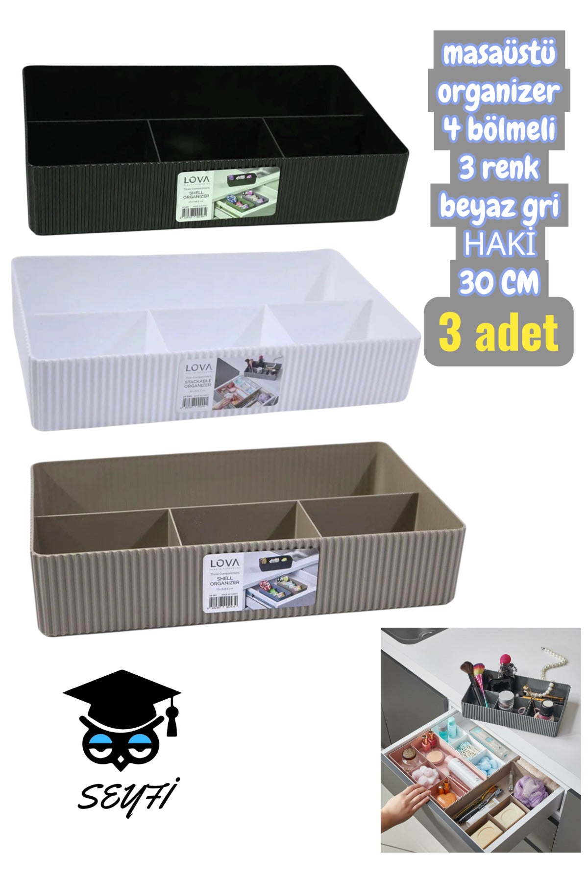 3 ADET masaüstü organizer 4 bölmeli 3 renk beyaz gri HAKİ 30 CM