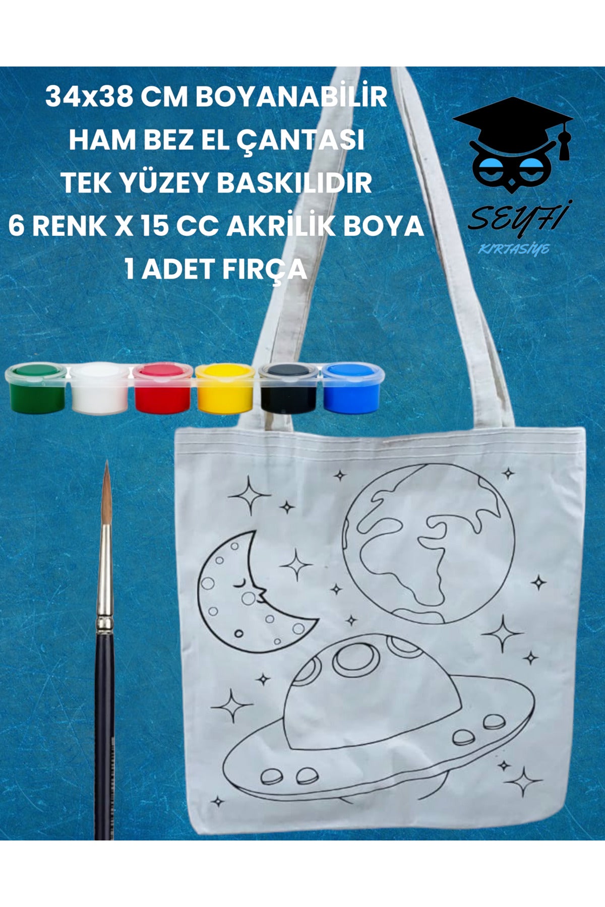 34x38 CM BOYANABİLİR HAM BEZ EL ÇANTASI TEK YÜZEY BASKILIDIR 6 RENK X 15 CC AKRİLİK BOYA 1 FIRÇA
