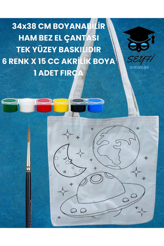 34x38 CM BOYANABİLİR HAM BEZ EL ÇANTASI TEK YÜZEY BASKILIDIR 6 RENK X 15 CC AKRİLİK BOYA 1 FIRÇA