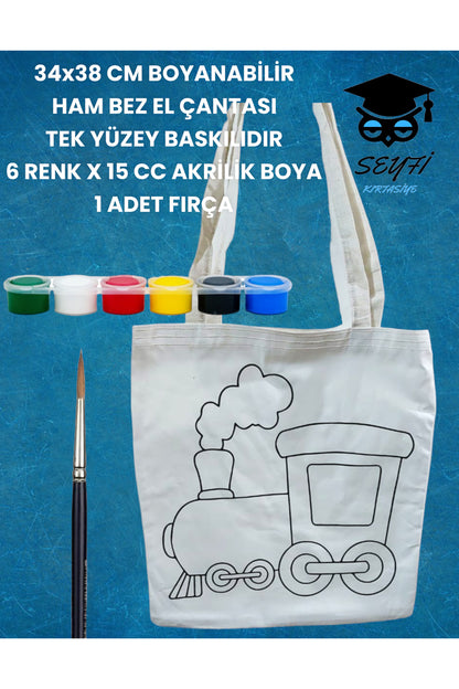 34x38 CM BOYANABİLİR HAM BEZ EL ÇANTASI TEK YÜZEY BASKILIDIR 6 RENK X 15 CC AKRİLİK BOYA 1 FIRÇA