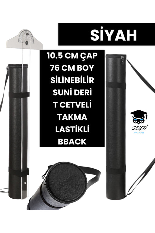 PROJE TÜPÜ BAZUKA 10.5 CM ÇAP 76 CM BOY SİLİNEBİLİR SUNİ DERİ T CETVELİ TAKMA LASTİKLİ BBACK