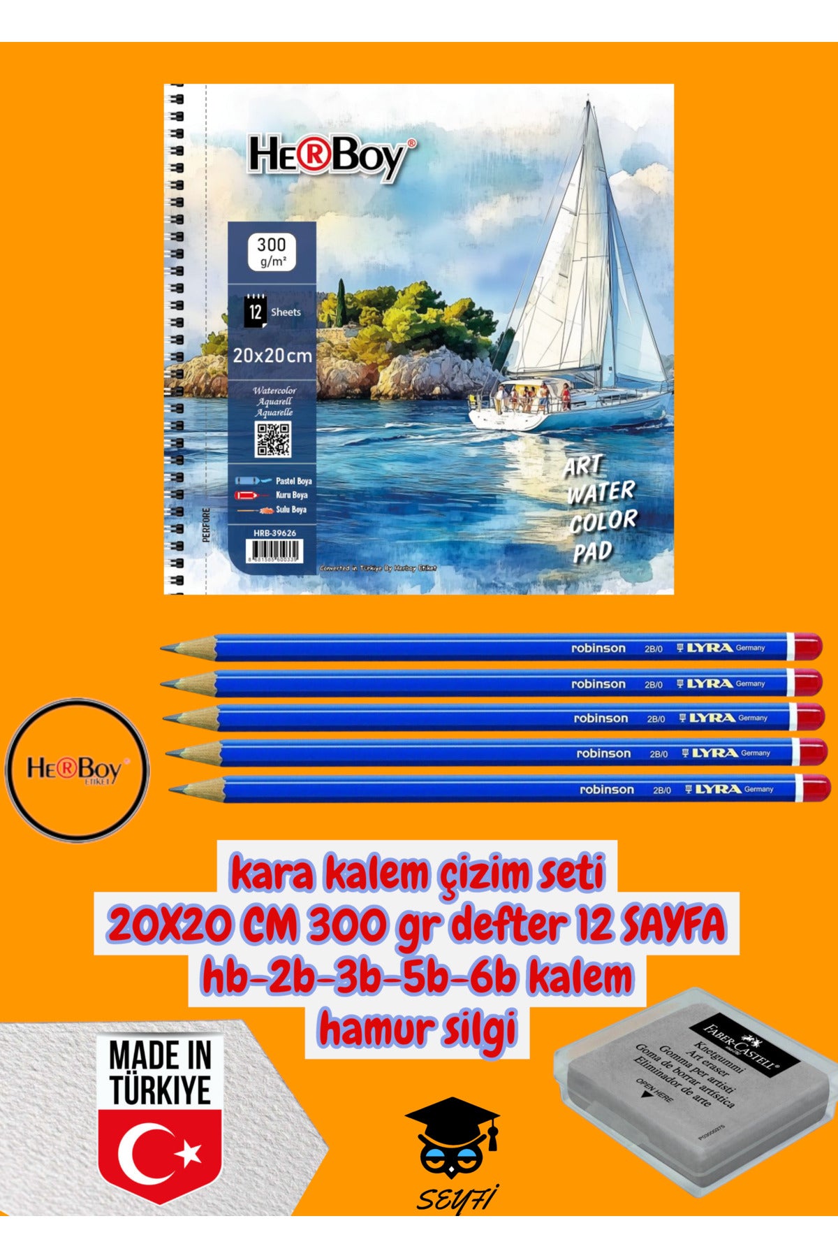 kara kalem çizim seti 20X20 CM 300 gr defter 12 SAYFA hb-2b-3b-5b-6b kalem hamur silgi herboy