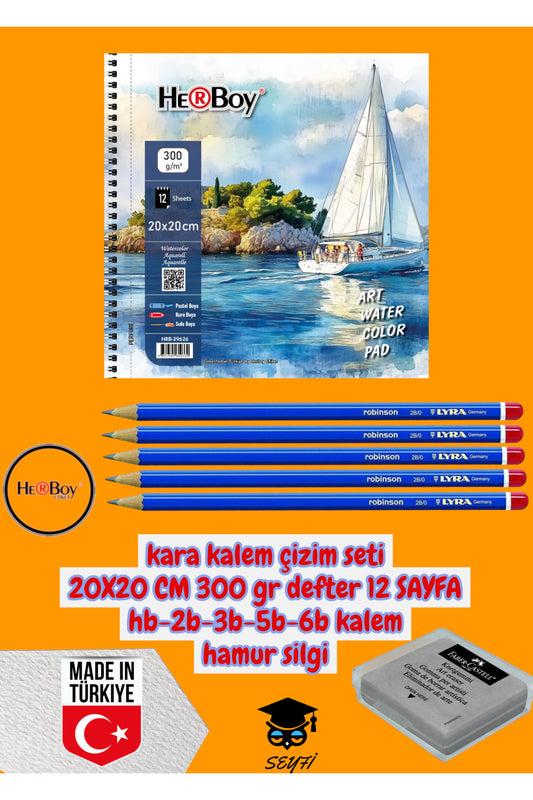 kara kalem çizim seti 20X20 CM 300 gr defter 12 SAYFA hb-2b-3b-5b-6b kalem hamur silgi herboy