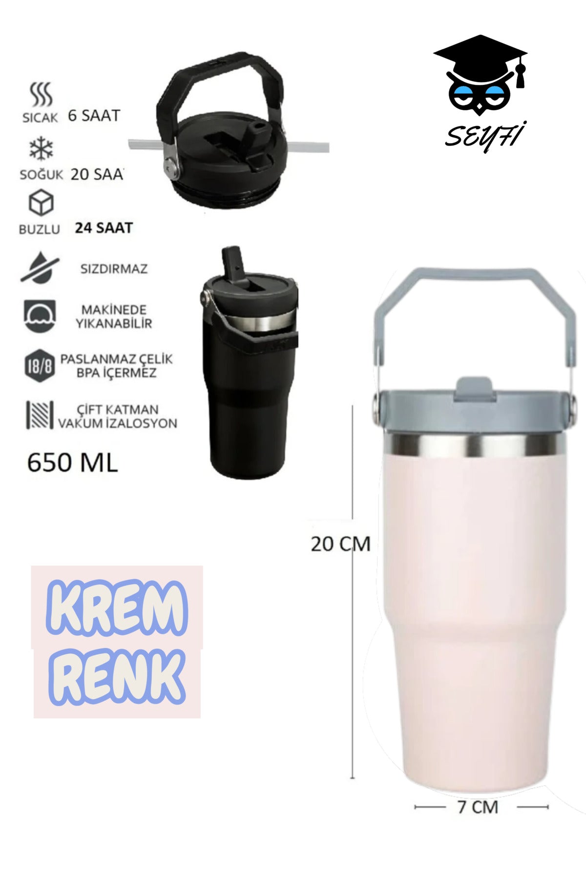 Çelik Termos Pipetli ve Tutmalı Üst Kısmı Geniş 650 ML