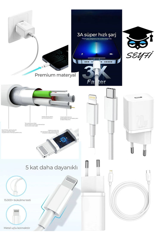 Type-C - lightning iphone şarj aleti adaptör ve 1 metre kablo 20W 5V=3A AC 110-240V