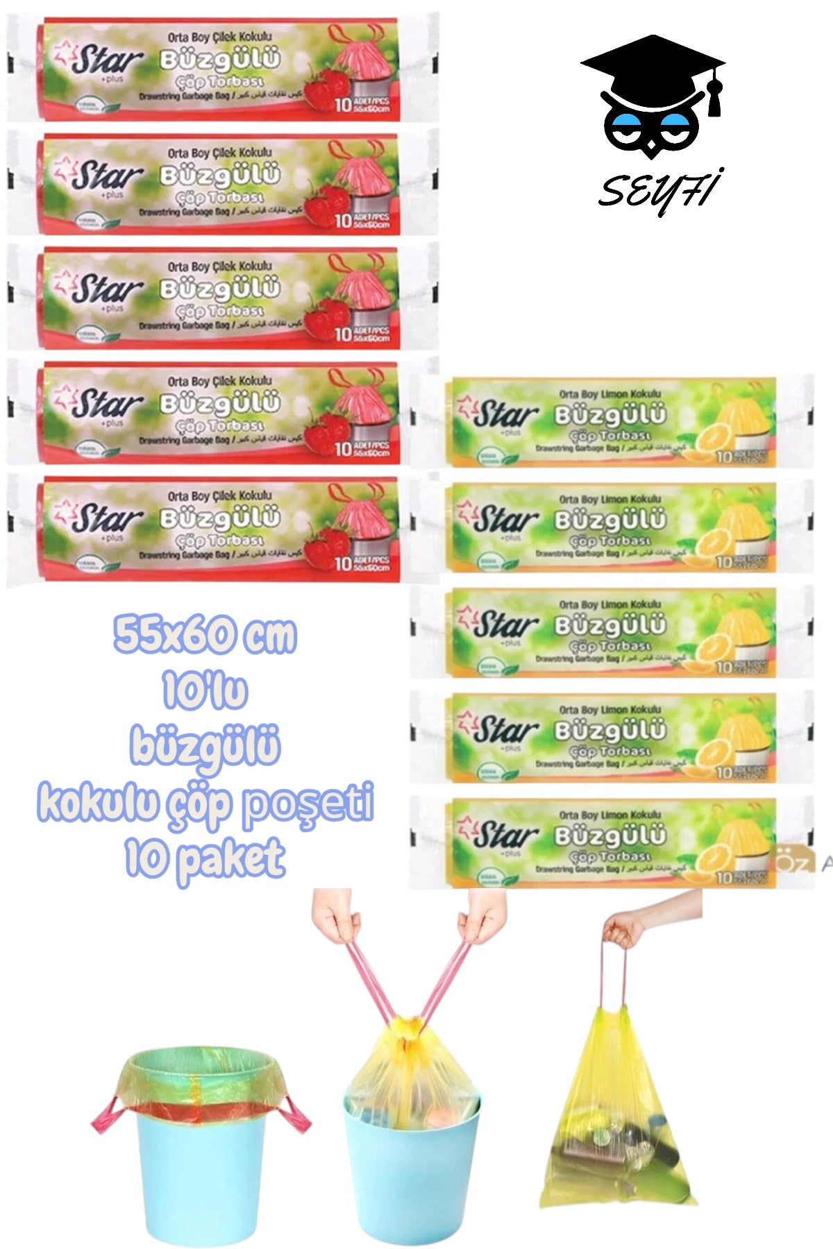 55x60 cm 10'lu büzgülü kokulu çöp poşeti 10 paket çöp torbası YERLİ ÜRETİM